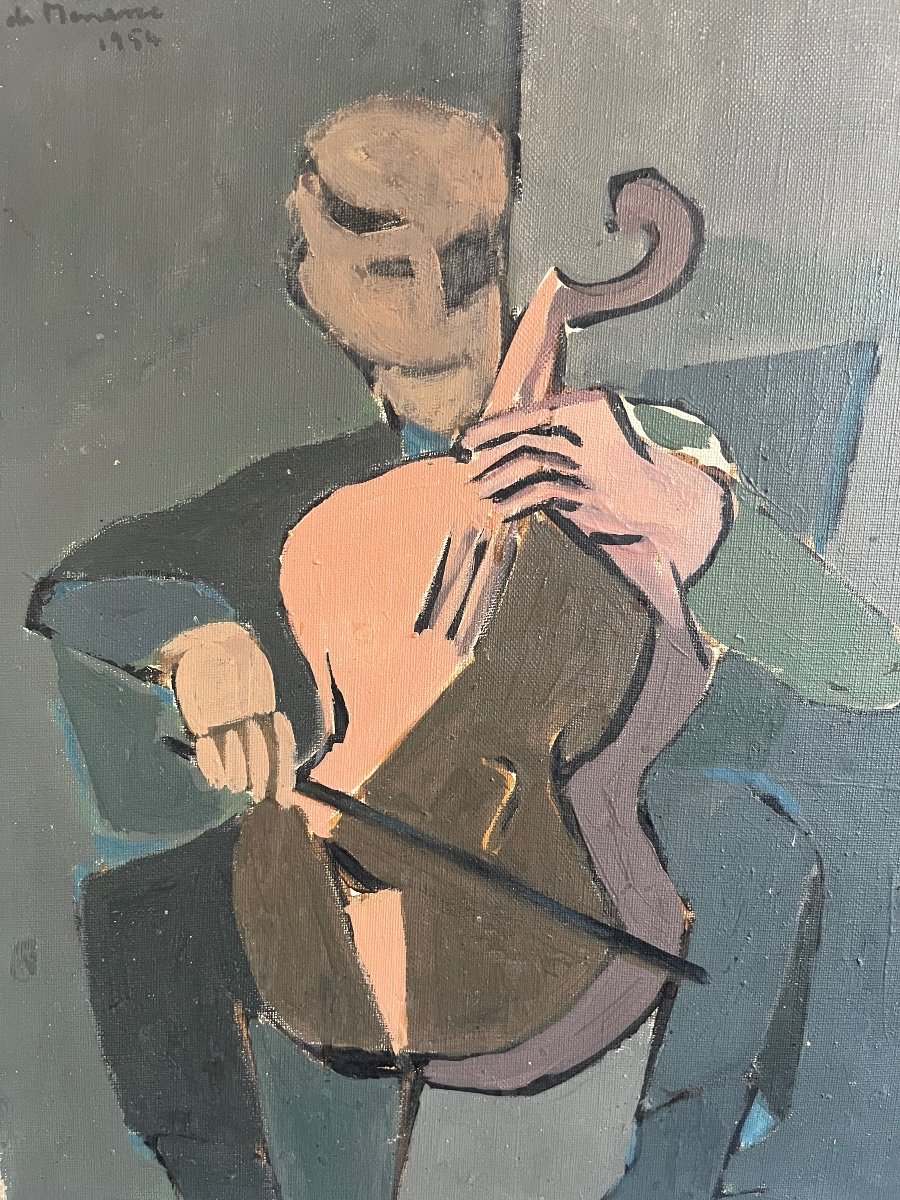 Cellist, Oil On Canvas Signed, 1954-photo-2