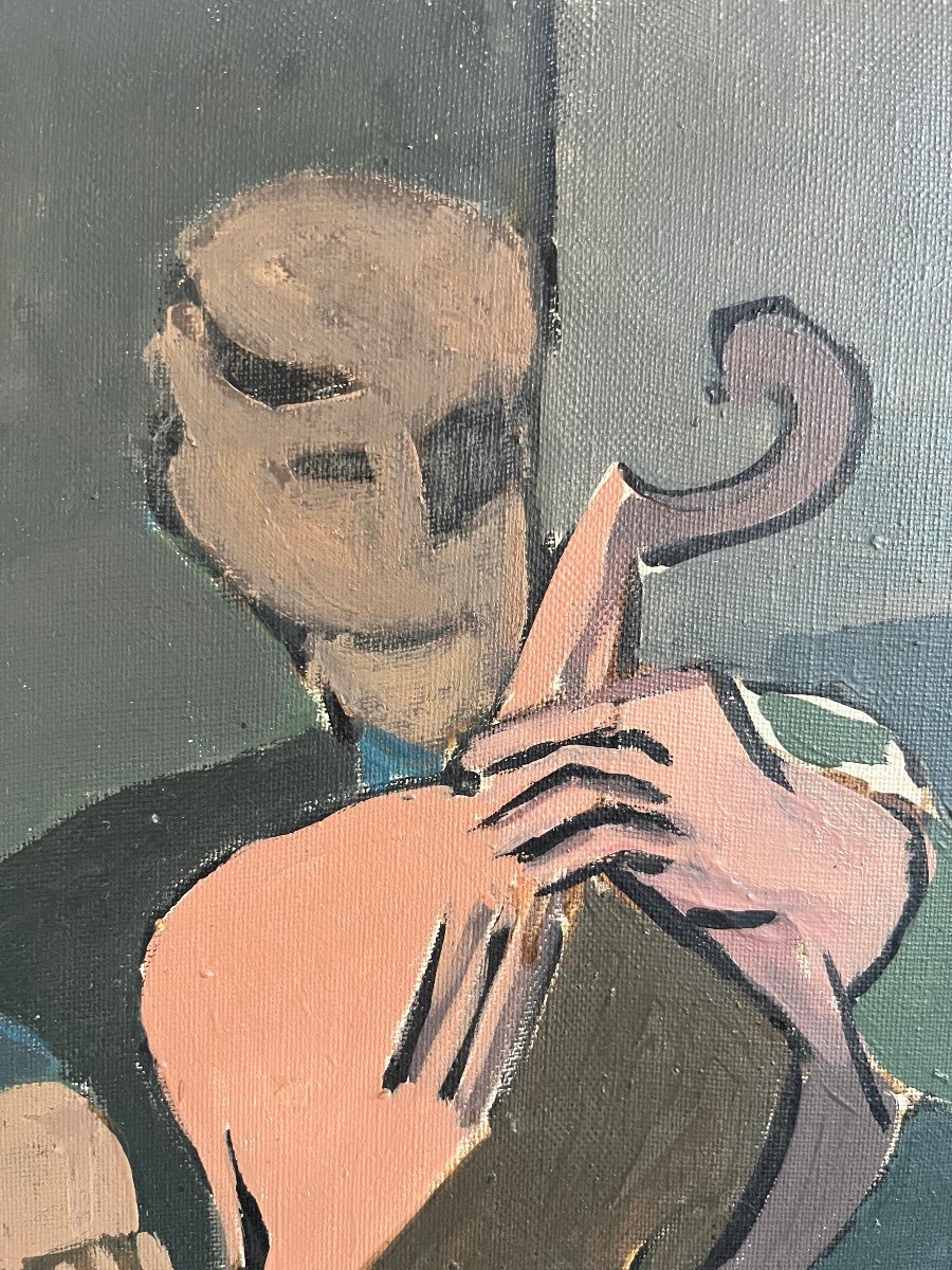 Cellist, Oil On Canvas Signed, 1954-photo-3