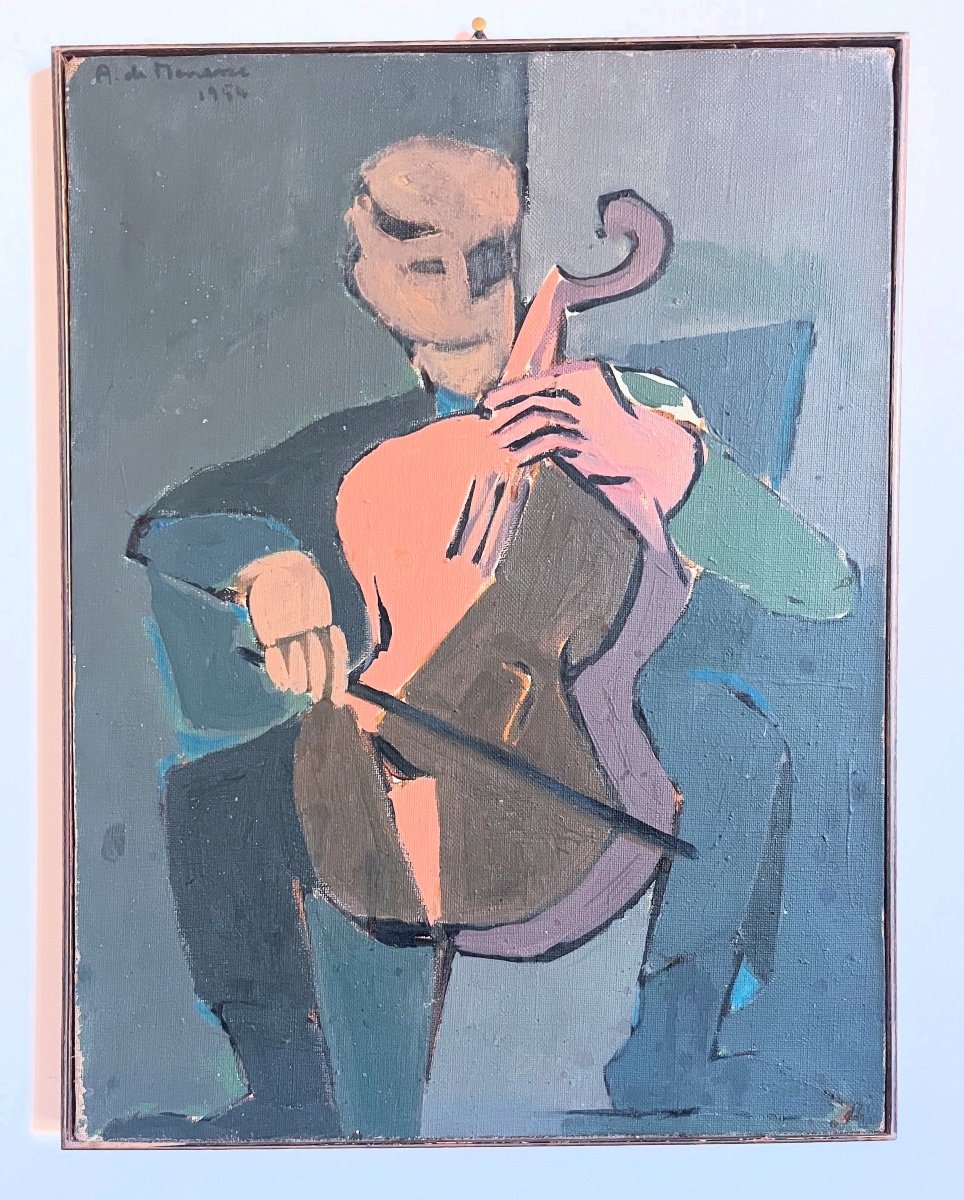 Violoncelliste, huile sur toile signée, 1954