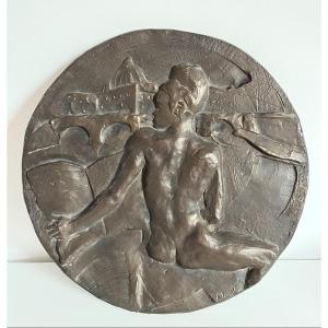 Bas-relief rond en bronze femme au bord du Tibre 