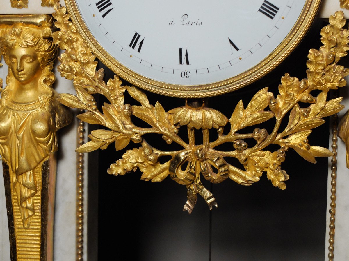 Portico Clock With Caryatids In Marble And Bronze, Louis XVI Period-photo-3