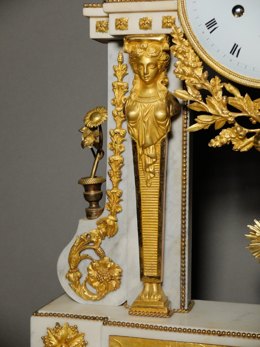 Portico Clock With Caryatids In Marble And Bronze, Louis XVI Period-photo-4