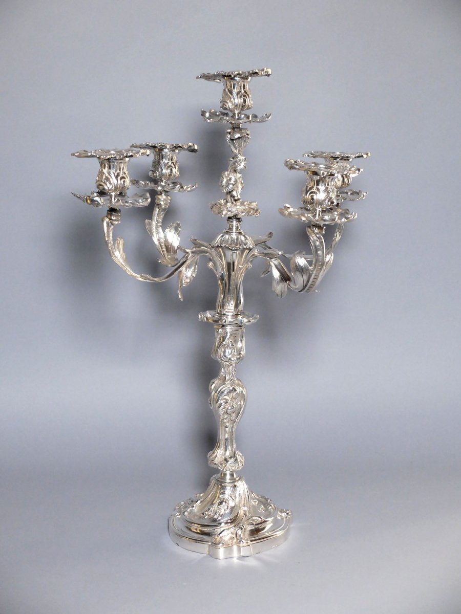 Pair Of Large Rocaille Candelabra In Silver Metal-photo-2