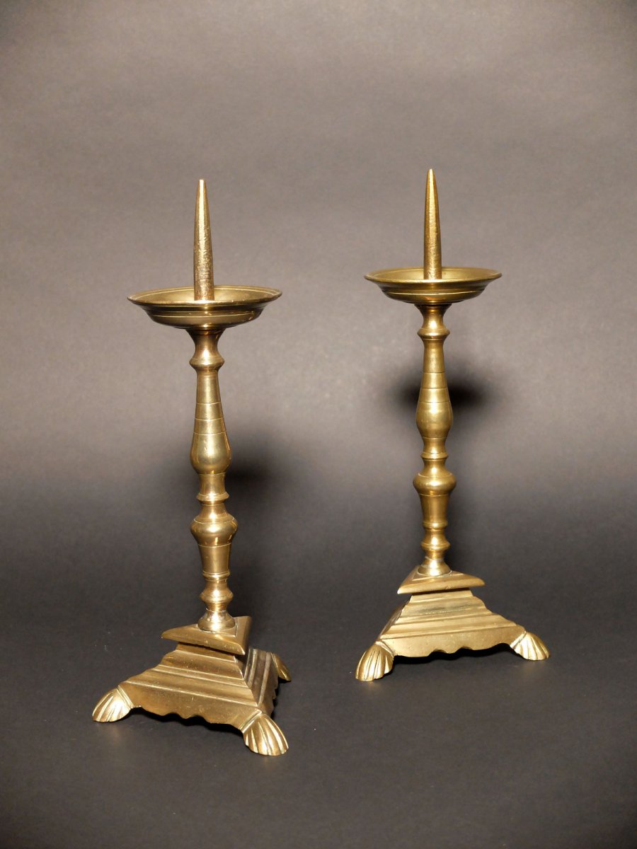 Proantic: A Pair Of Brass Pricket Candle Sticks, 18th Century.