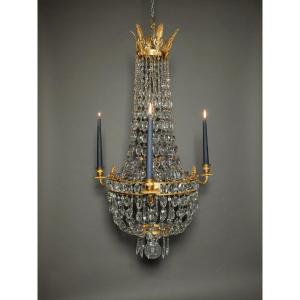 Lustre corbeille empire en bronze doré et cristal