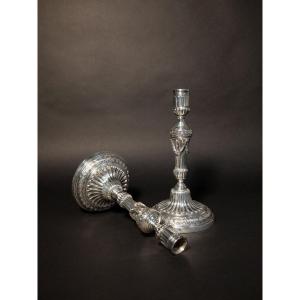 Pair Of Louis XVI Period Silvered Bronze Candlesticks