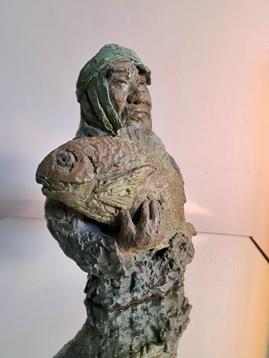 Polychrome Terracotta Bust "the Beautiful Inuit And His Big Fish"-photo-3