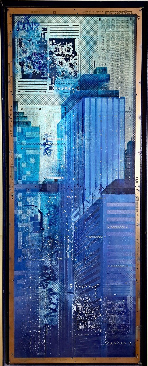 Cinz Born 1976 Spray Paint On Printed Circuit Skyscraper In Manhattan Blue-photo-4