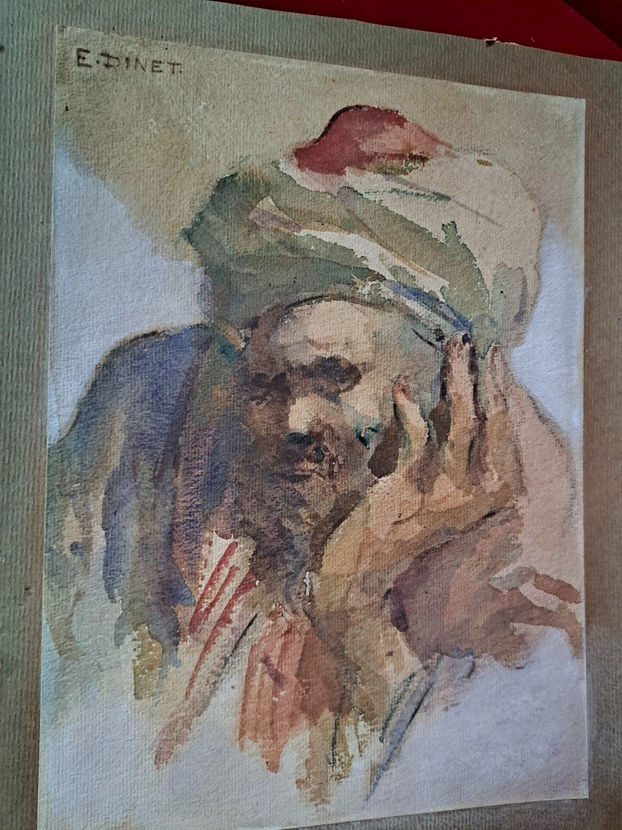 Proantic Portrait Dhomme Au Turban Aquarelle Orientaliste Signée E 2128