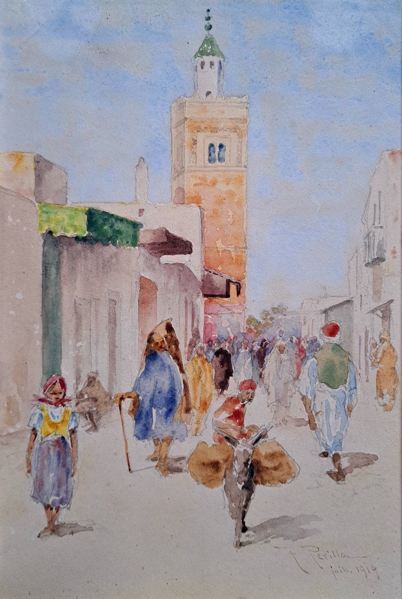 Francesco Périlla (1874-1954) Orientalist Watercolor North Africa Mosque