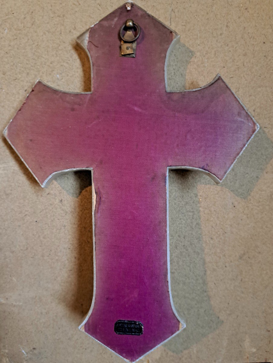 Bénitier Christ sur croix en onyx bronze et émail cloisonné orné d'une miniature sur porcelaine-photo-1