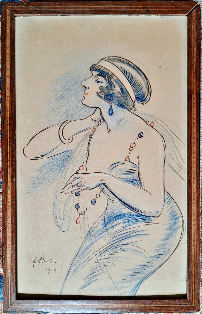 Ferdinand Bac (1859-1952) dessin original portrait d'élégante de la belle époque