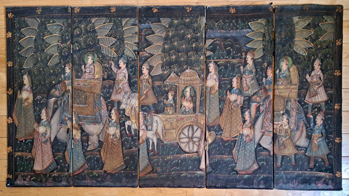 India Perse Table Screen Gouache On Fabric "caravan Of Dignitaries" Circa 1900