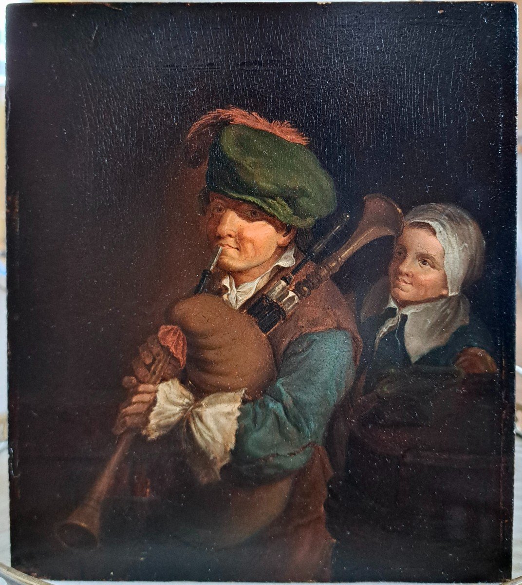 Dutch School Oil On Panel "the Bagpipe Players"