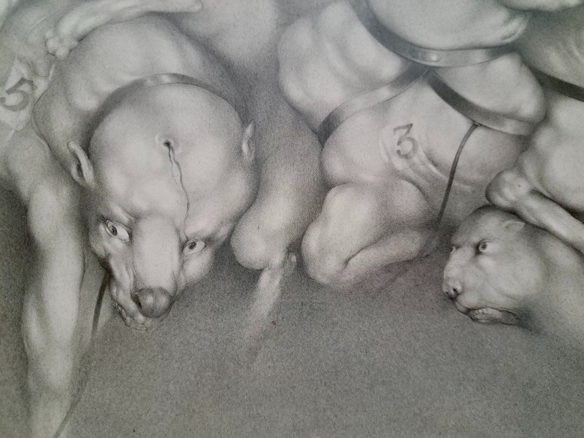 Georges Bru (1933) "pack Of Dogs" Important Drawing Under Glass-photo-4