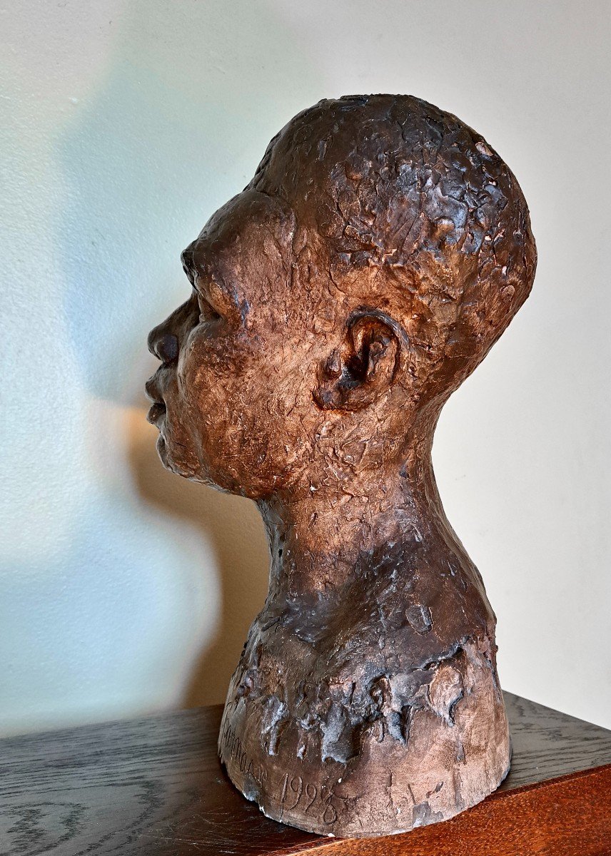 Sculpted Bust Of A Young African Patinated Workshop Plaster Dated 1925-photo-1