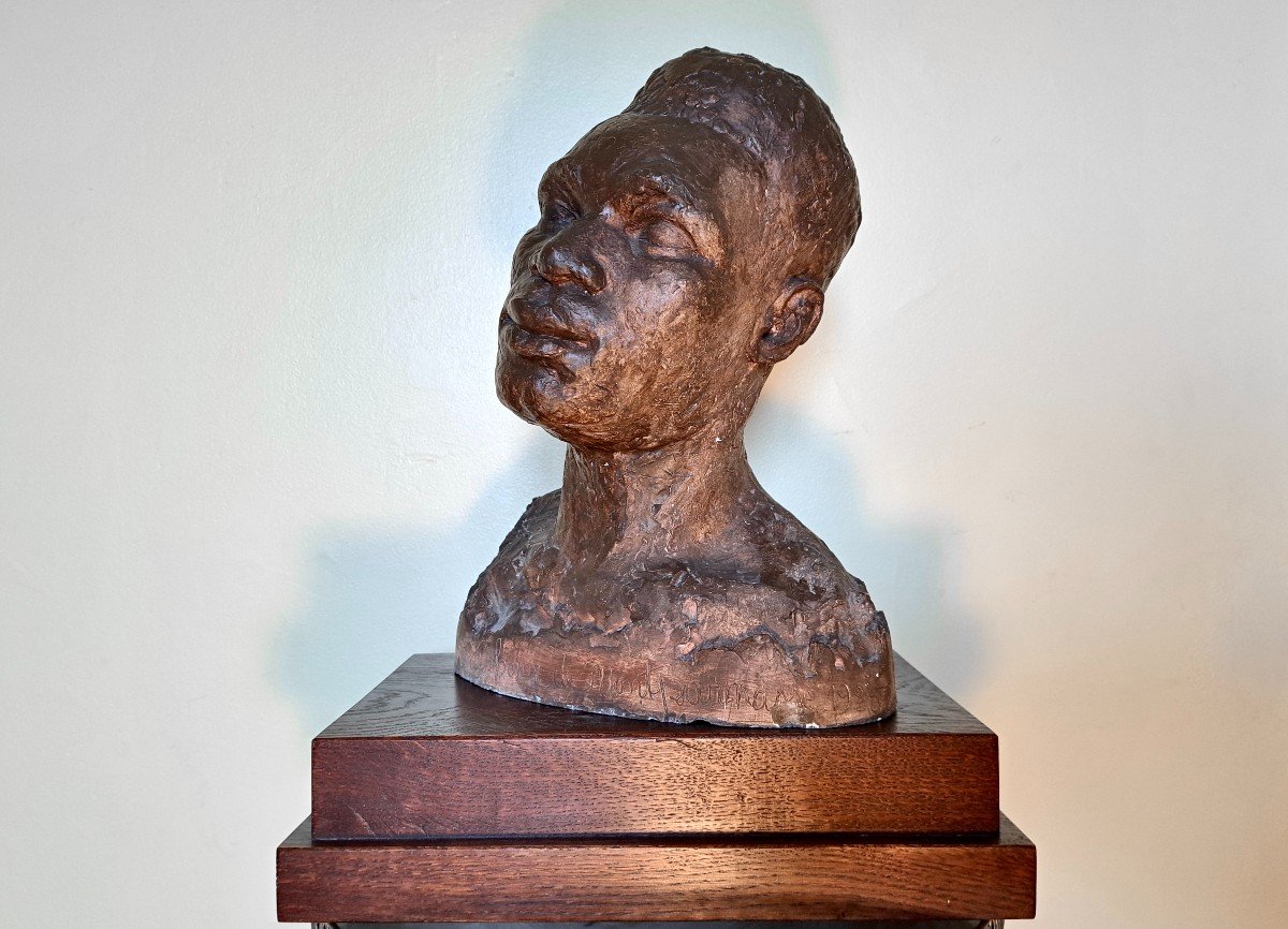 Sculpted Bust Of A Young African Patinated Workshop Plaster Dated 1925