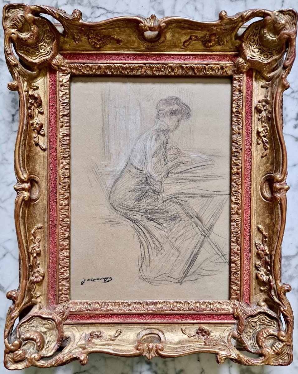 École Française  jeune femme à son courrier dessin vers 1900 signé d'un tampon