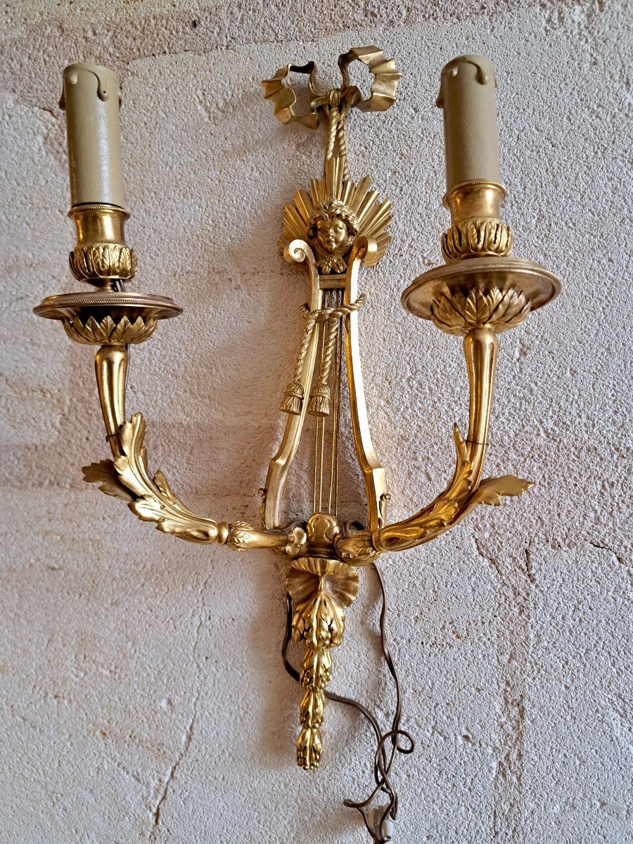 Pair Of Openwork Bronze Sconces In Louis XVI Style Mascaron Putti Sun Garlands..-photo-2