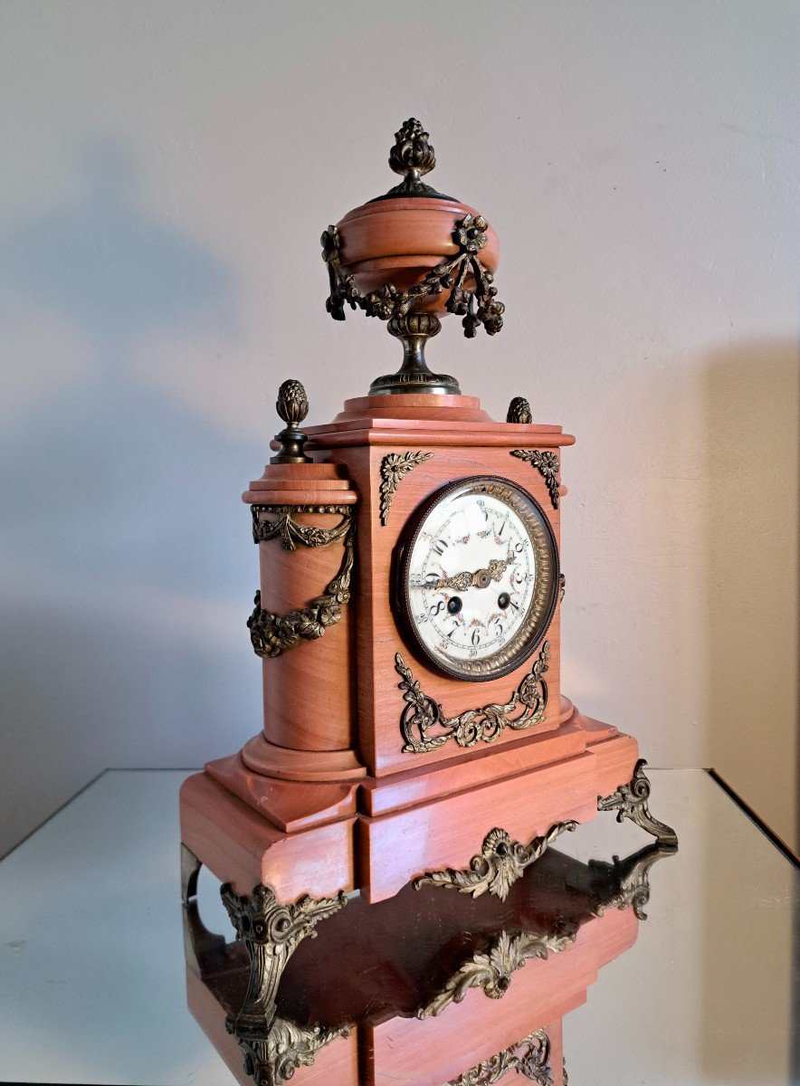 Louis XVI Napoleon III Style Clock Pink Marble And Bronze-photo-2