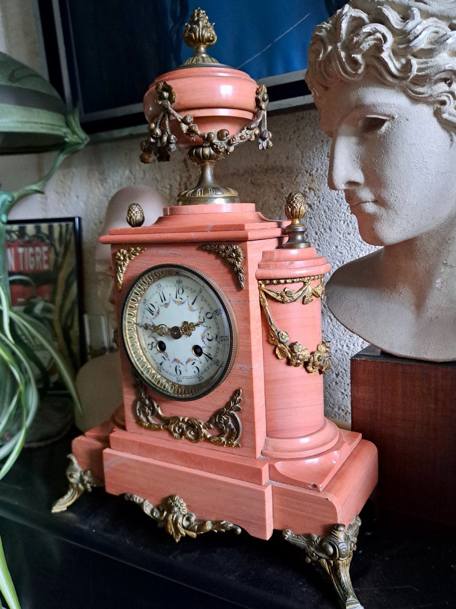 Louis XVI Napoleon III Style Clock Pink Marble And Bronze-photo-6