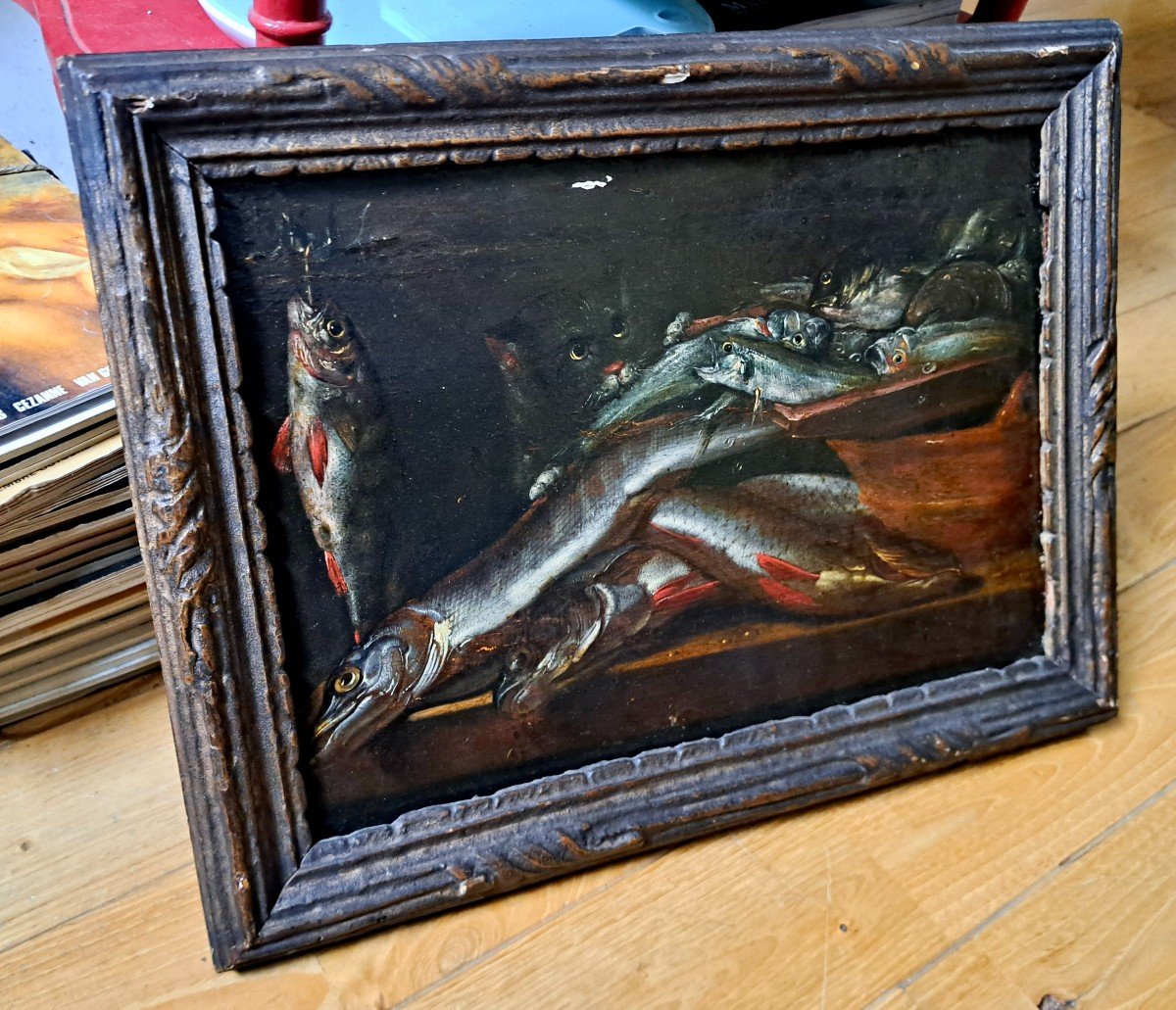 École Italienne époque XVIIe, nature morte aux poissons et au chat-photo-2