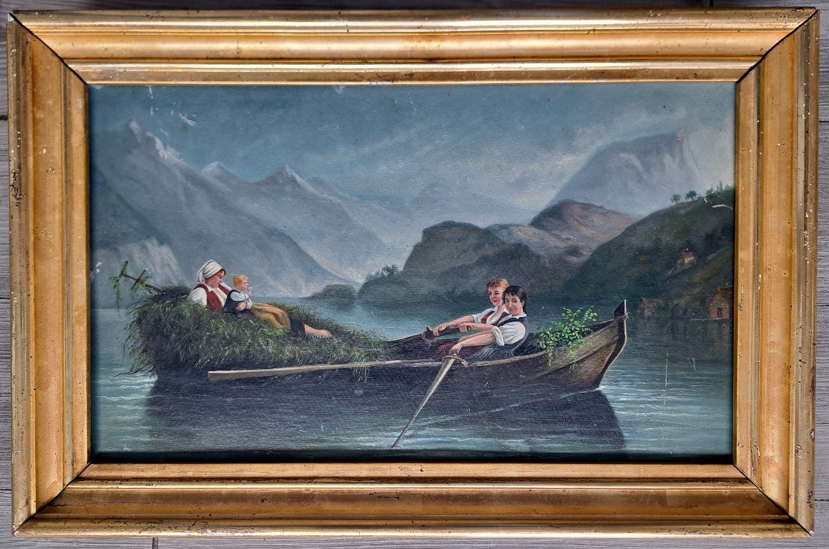 École romantique femmes moissonneuses en bateau sur le lac, Italie du nord ou Suisse-photo-2