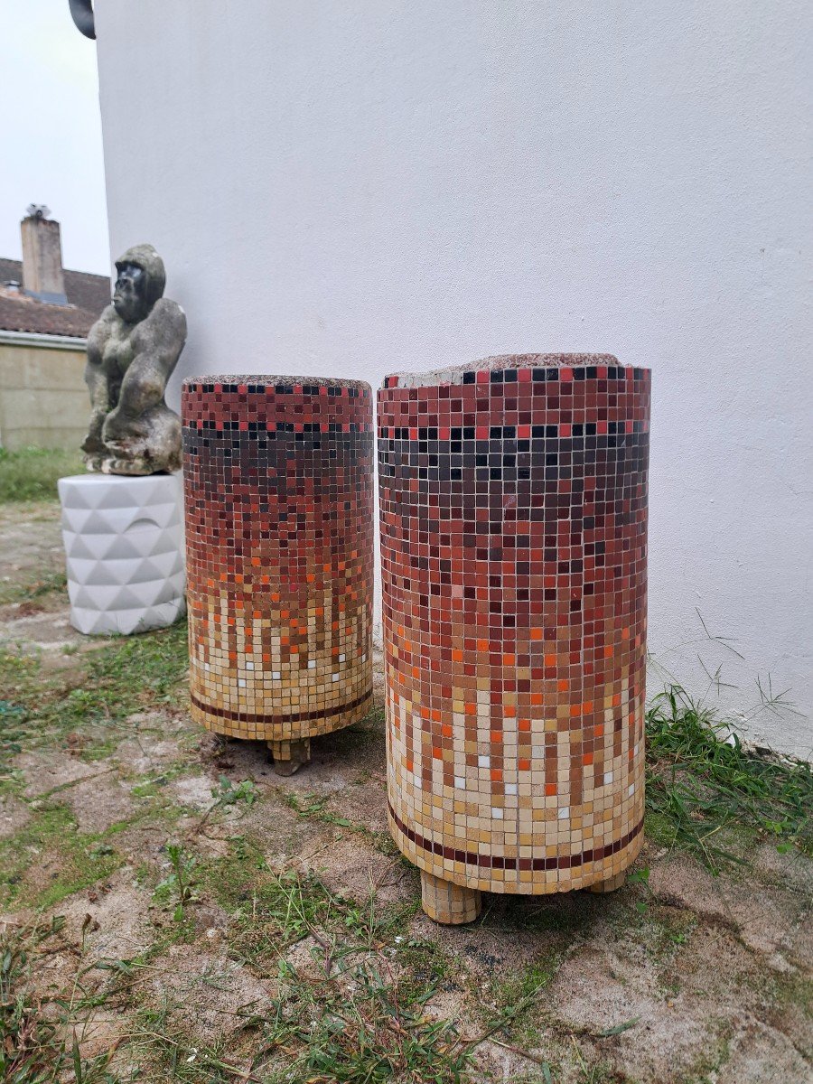 Paire de grandes jardini&egrave;res en mosa&iuml;que  de carreaux polychrome vers 1900-photo-2