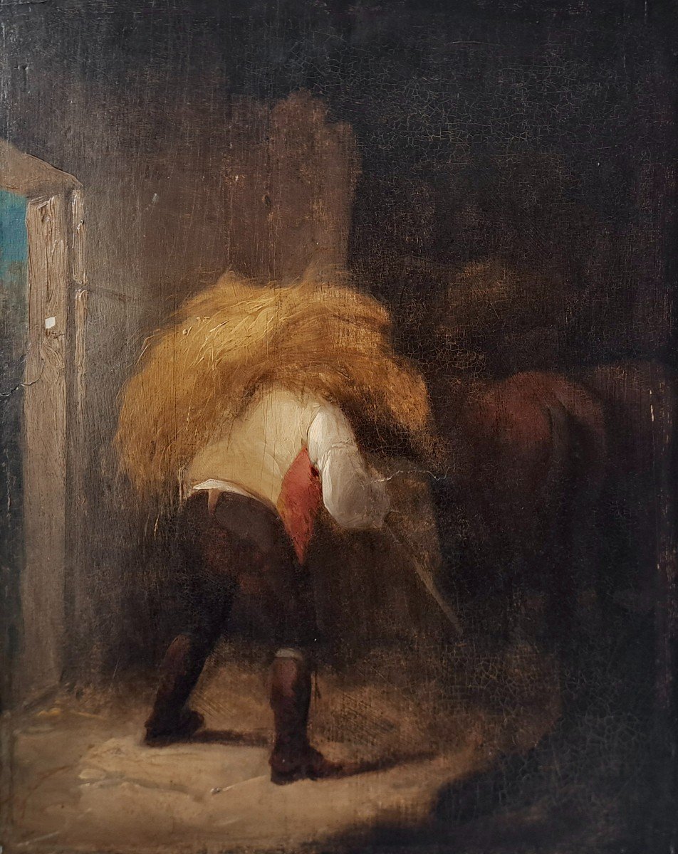 George Morland 1763-1804 école Anglaise XVIIIe  "stable with peasant carrying hay"-photo-2