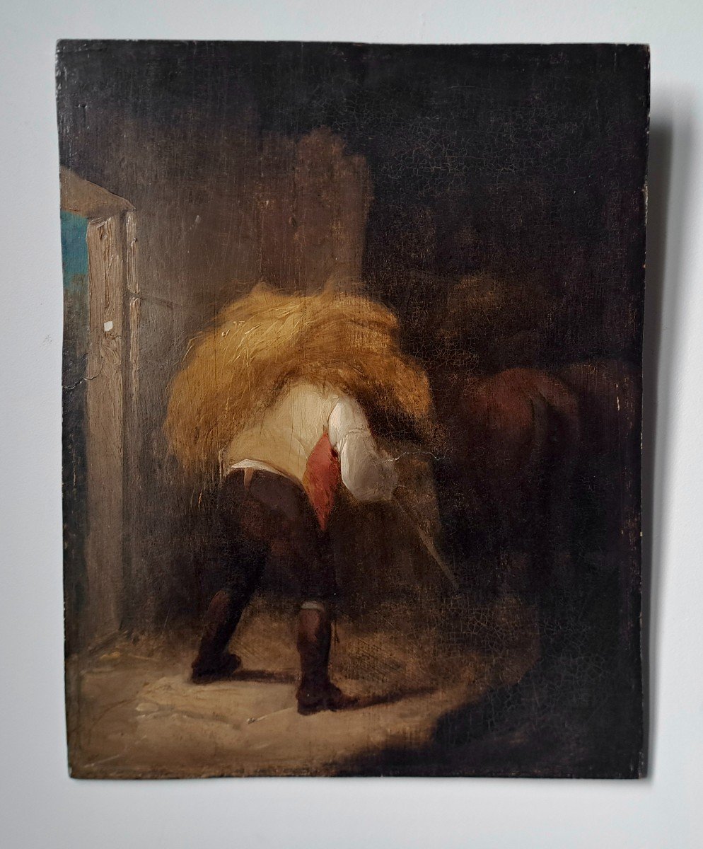 George Morland 1763-1804 école Anglaise XVIIIe  "stable with peasant carrying hay"