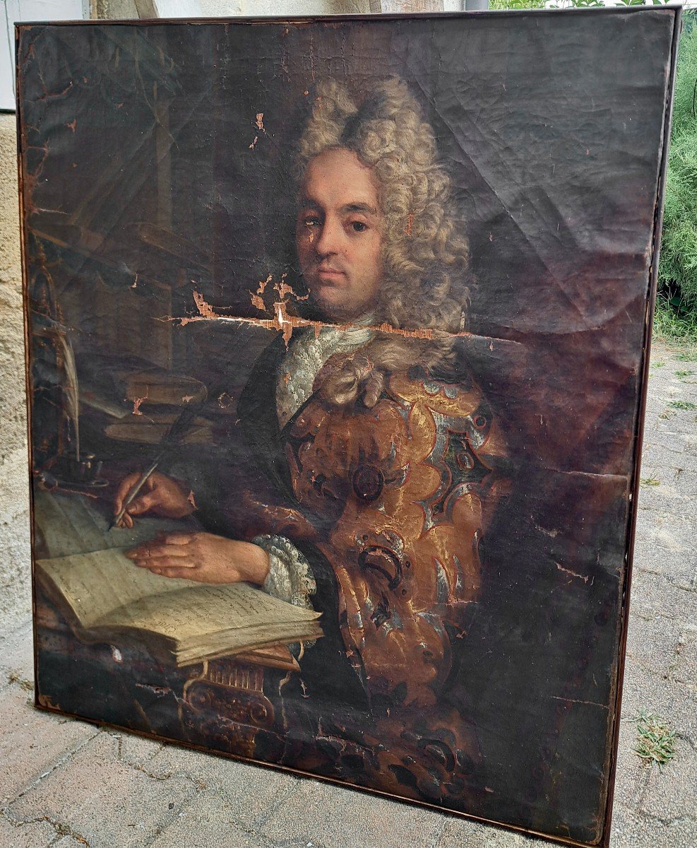 École Française Louis XIV portrait d'homme début XVIIIe + cadre -photo-2