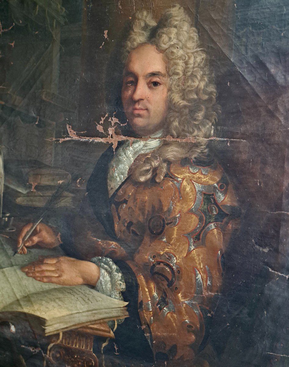 École Française Louis XIV portrait d'homme début XVIIIe + cadre -photo-3