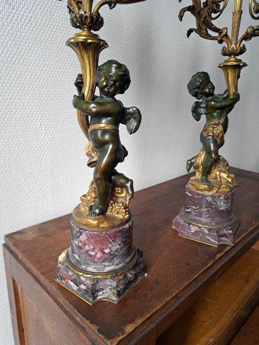 Paire de candélabres aux amours en bronze signés Oudry fonte Susse frères-photo-3