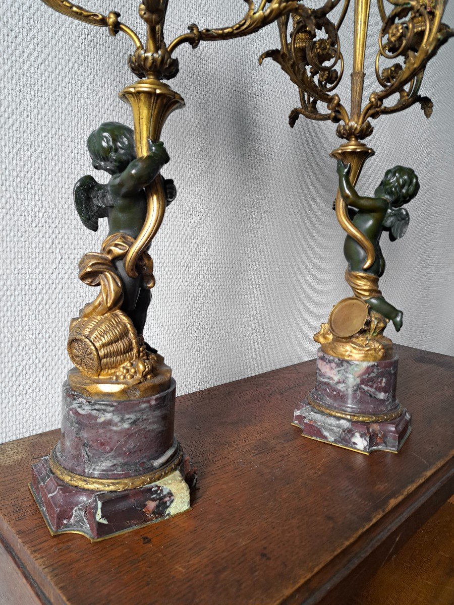 Paire de candélabres aux amours en bronze signés Oudry fonte Susse frères-photo-1