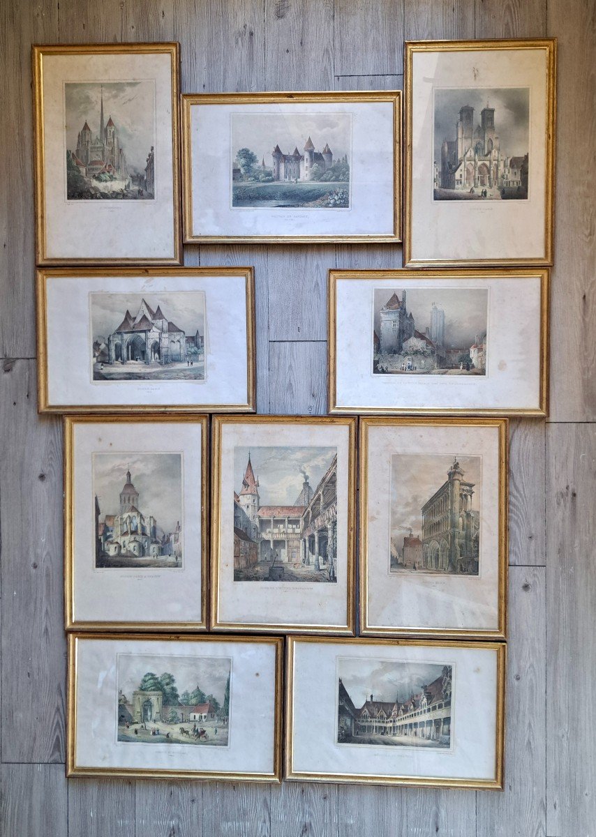 Lot de 10 lithographies encadrées 2e quart du XIXe Voyage en Bourgogne Beaune Dijon...-photo-2