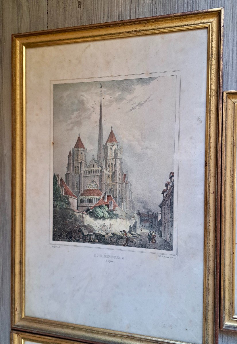 Lot de 10 lithographies encadrées 2e quart du XIXe Voyage en Bourgogne Beaune Dijon...-photo-4