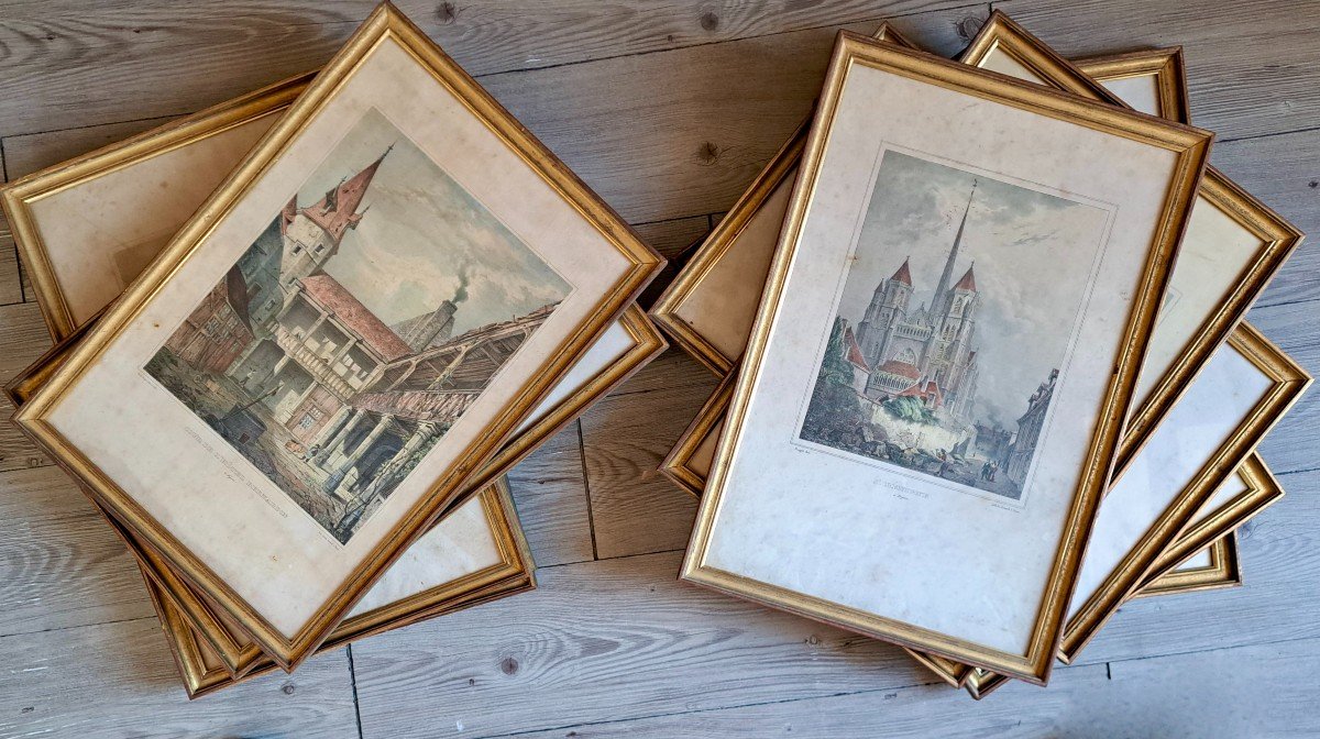 Lot de 10 lithographies encadrées 2e quart du XIXe Voyage en Bourgogne Beaune Dijon...