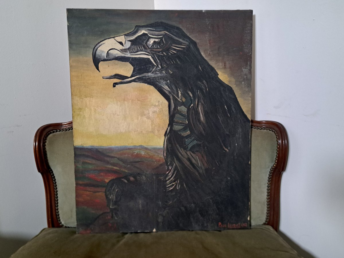 Vulture Oil On Canvas From The Art Deco Period, Signed, Dated-photo-2