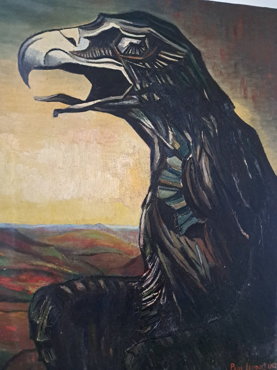 Vulture Oil On Canvas From The Art Deco Period, Signed, Dated-photo-3