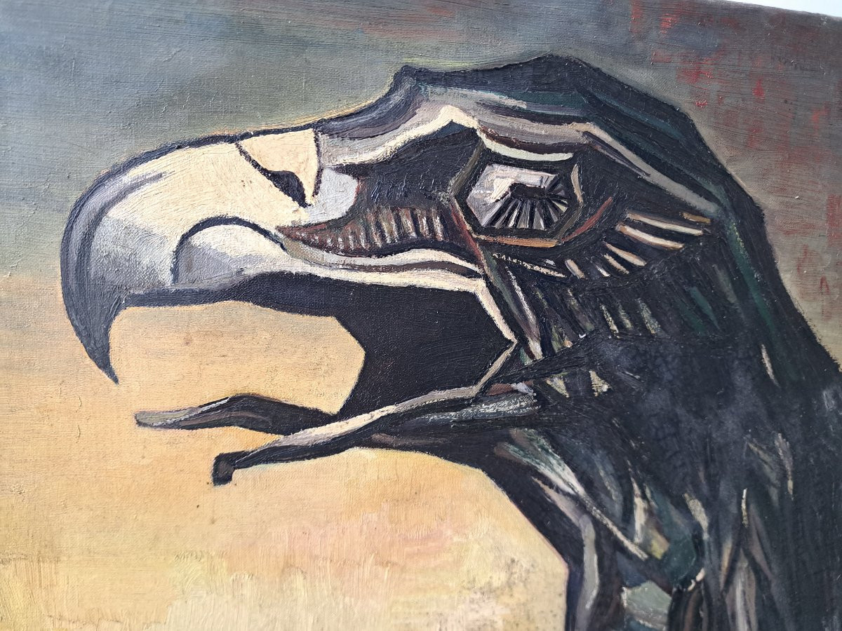 Vulture Oil On Canvas From The Art Deco Period, Signed, Dated-photo-4