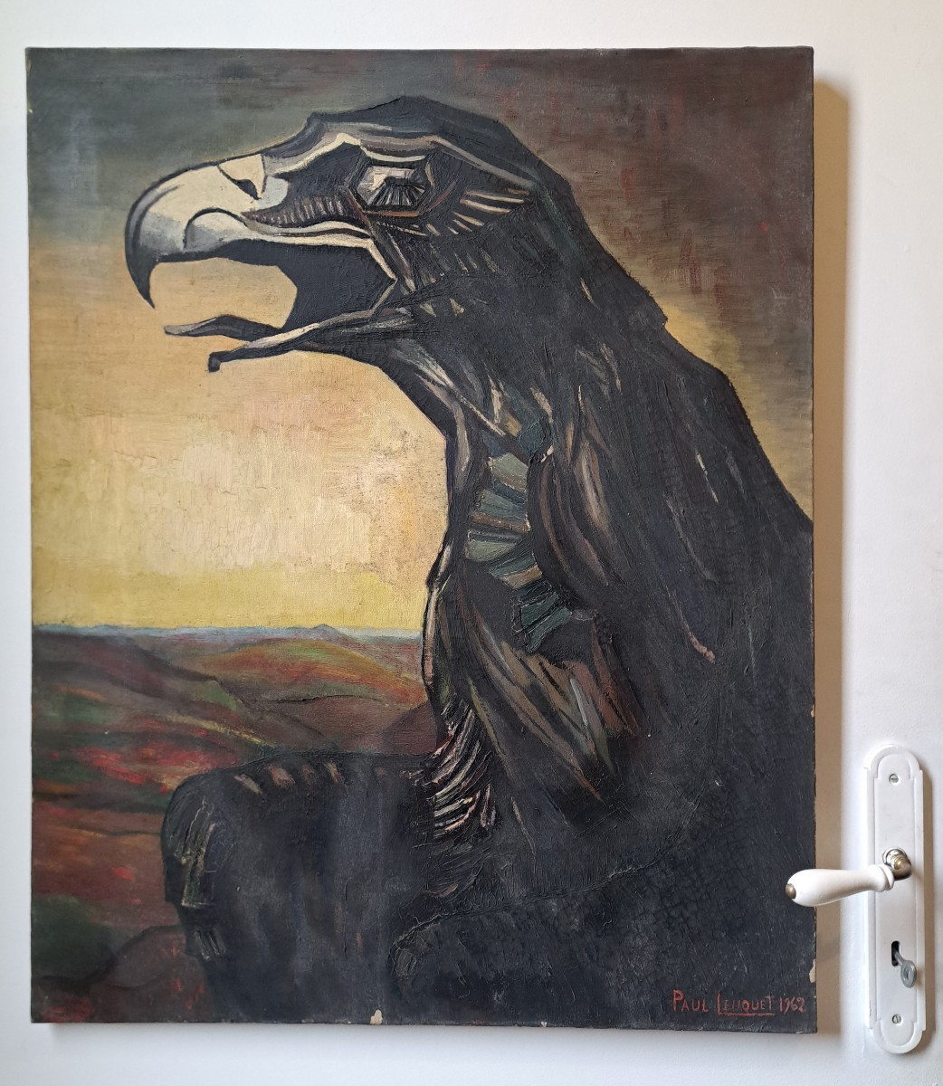 Vulture Oil On Canvas From The Art Deco Period, Signed, Dated-photo-3