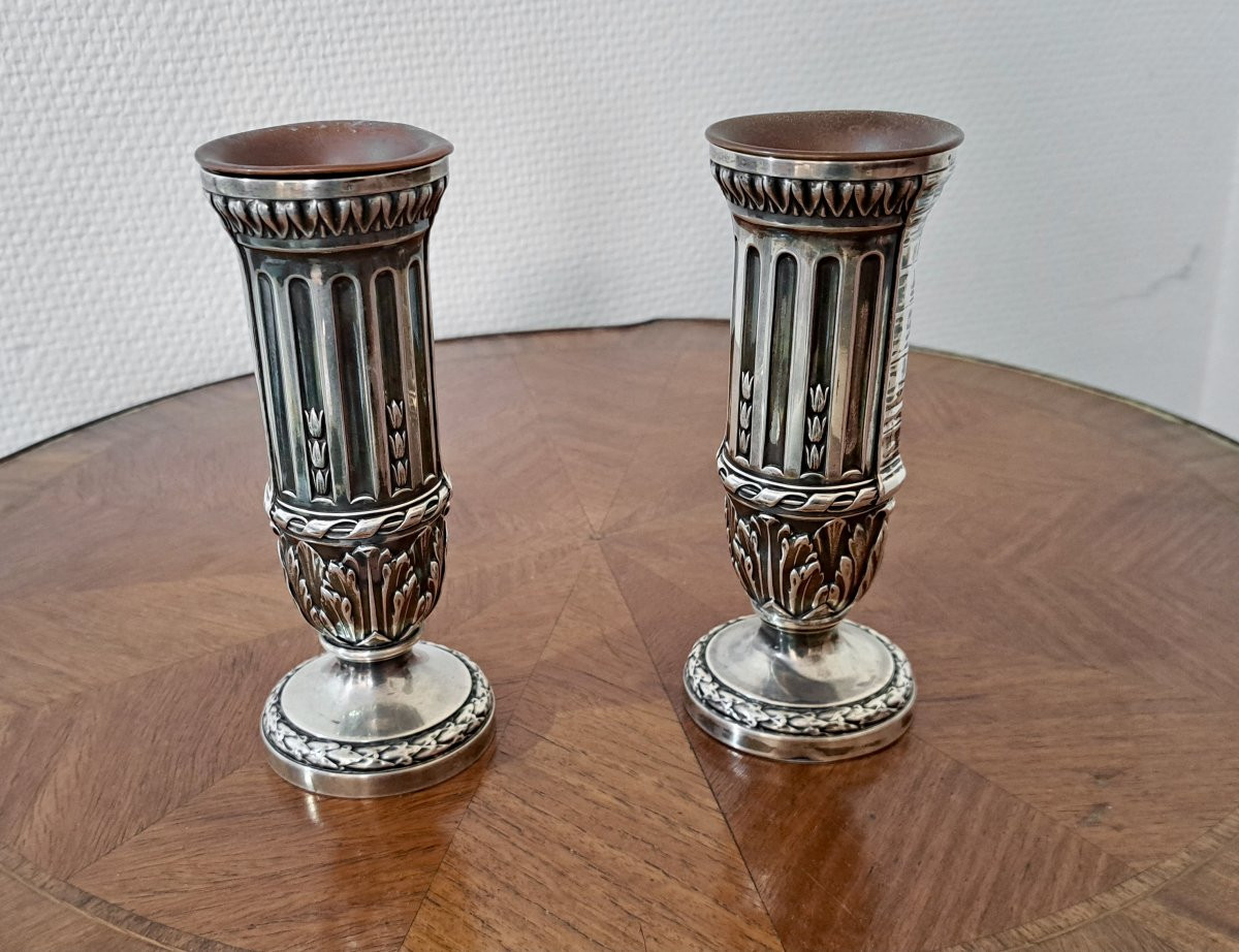 A Risler & Carre Paris Pair Of Louis XVI Style Silver Vases Or Soliflores-photo-2