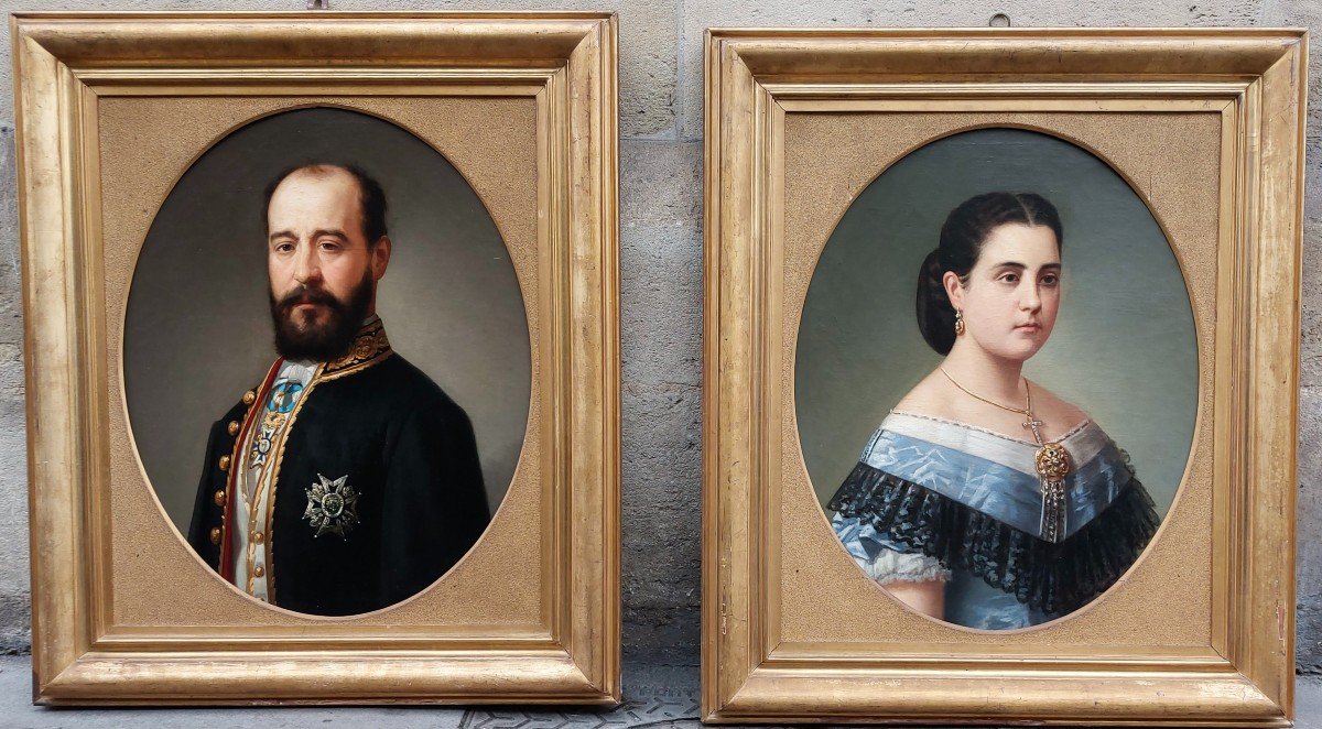 Paire de Portraits Famille Royale Espagne Ordre de Charles III