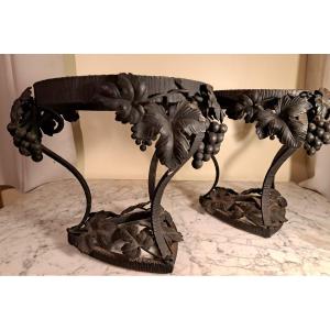 Pair Of Art Deco Wrought Iron Mounts For Large Cachepot Or Basin With Vine And Grape Decoration