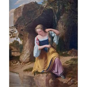  Geoffroy Chocarne (1797-1870) Jeune femme se coiffant dans le reflet de l'eau