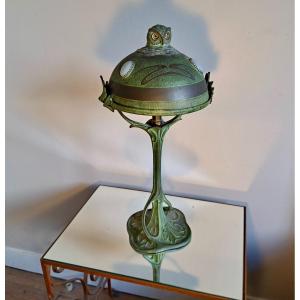 Lampe de bureau d'époque 1900 art nouveau tête de chouette