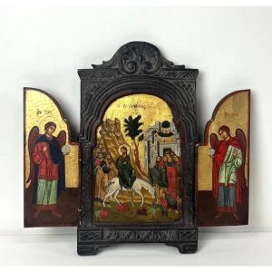 Icône, retable, triptyque entrée de Jésus à Jérusalem Russie  