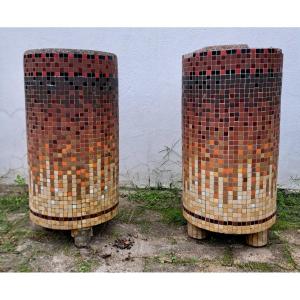 Pair Of Large Polychrome Tile Mosaic Planters Circa 1900