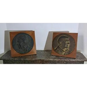 Bronze Medallions Profiles On Bases Portrait Of A Woman And A Man 