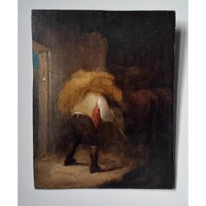 George Morland 1763-1804 école Anglaise XVIIIe  "stable with peasant carrying hay"